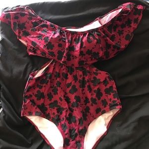 Off the shoulder cut out floral swim suit